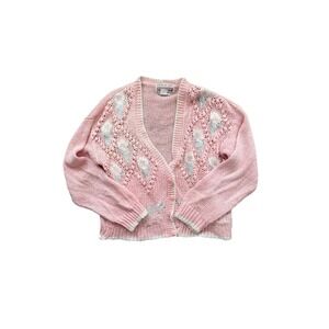 Vintage Licorice Hand Knitted Pink Floral Popcorn Stitch Cardigan Sweater Large